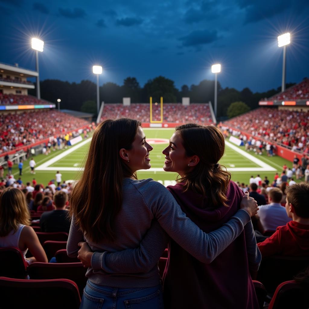 High school football game under the lights with two fans sharing a first kiss after a winning touchdown