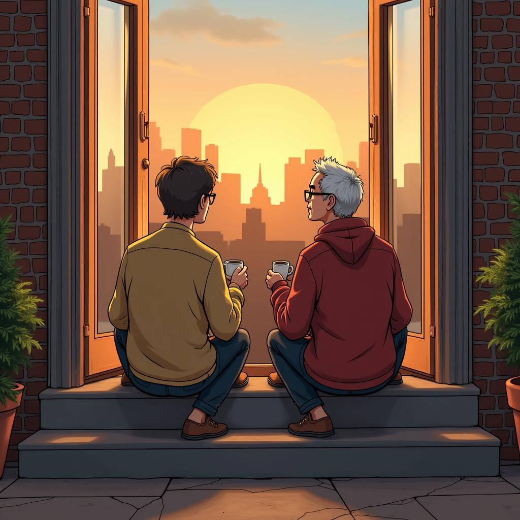 HIMYM fan art depicting an alternative ending, showing Ted and Robin together in the future, with a nostalgic and bittersweet atmosphere.