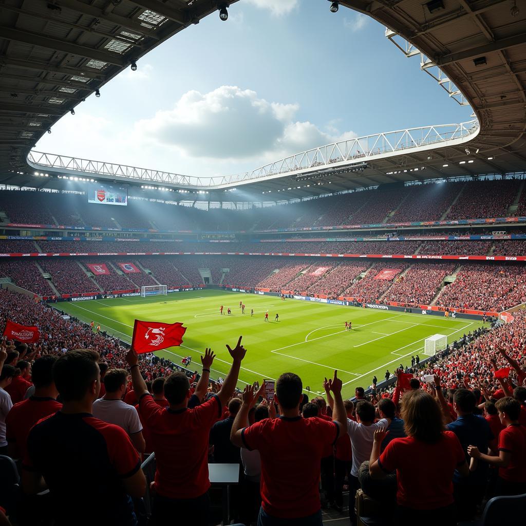 Packed stadium celebrating a historical football victory