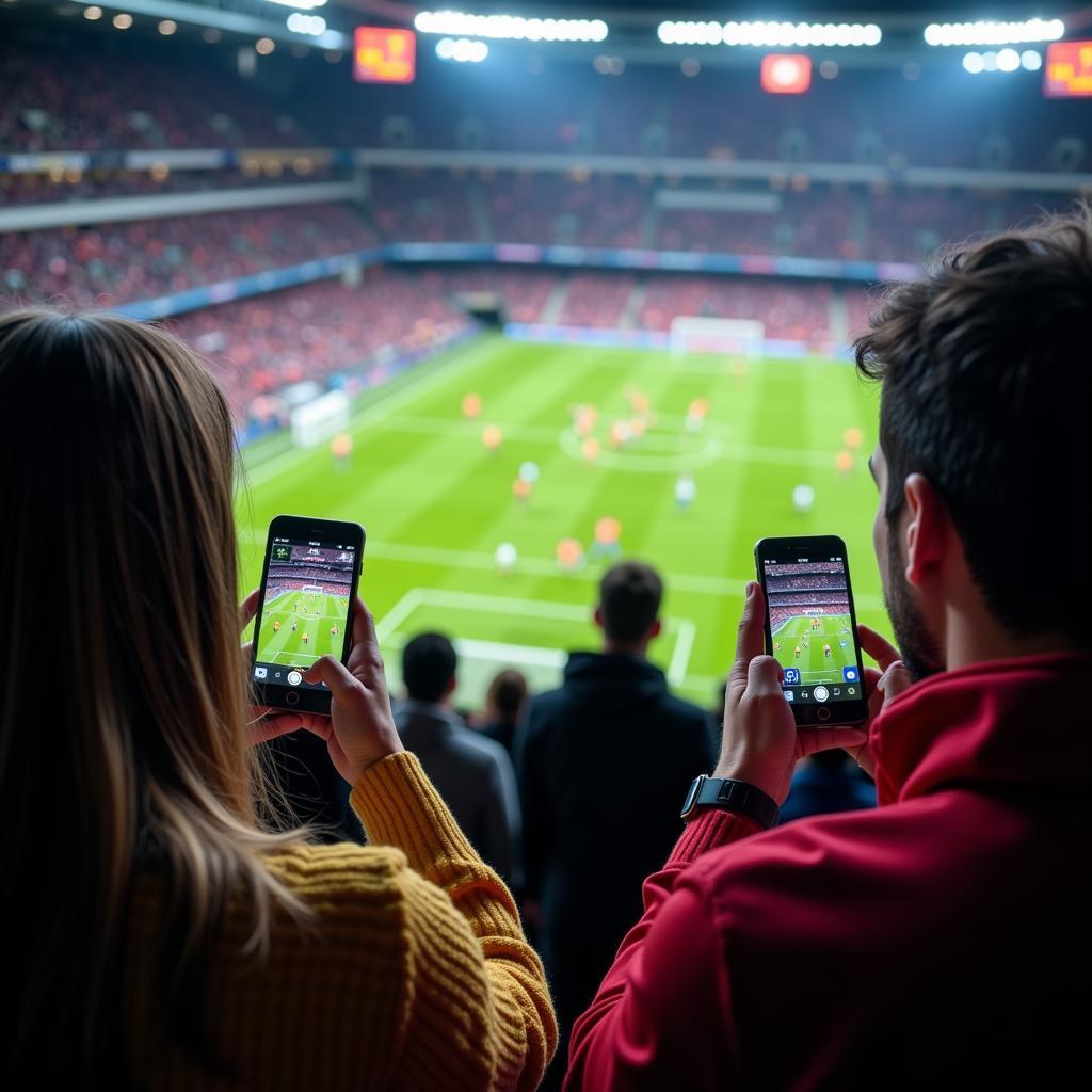 Fans using their smartphones to engage with football content during a match.