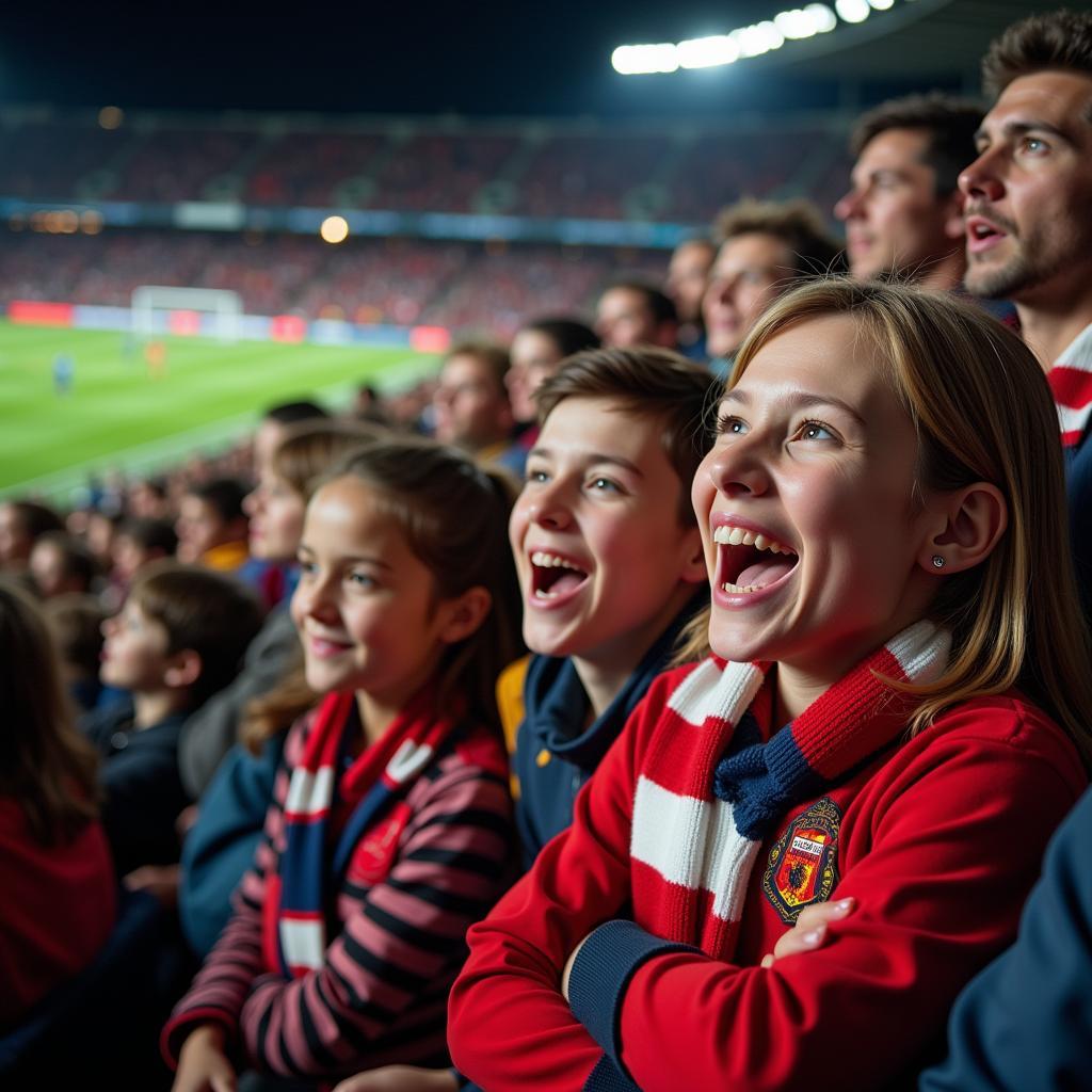 A group of dedicated fans watching a football match with intense focus and excitement