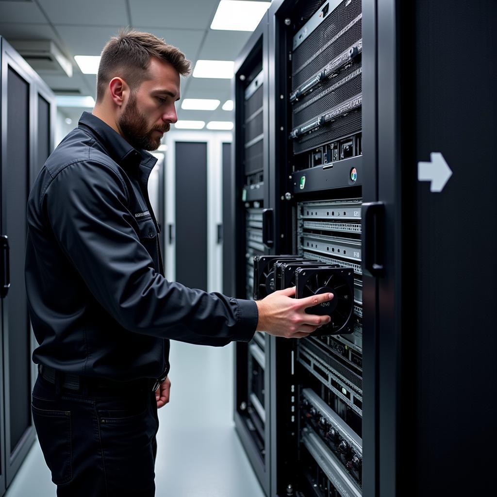 Maintaining a Hotplug Fan:  A technician safely replacing a hotplug fan in a live server rack.