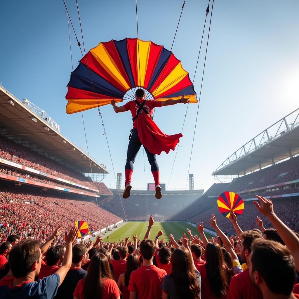 Human fly suspended above a cheering crowd with a giant Vasa fan