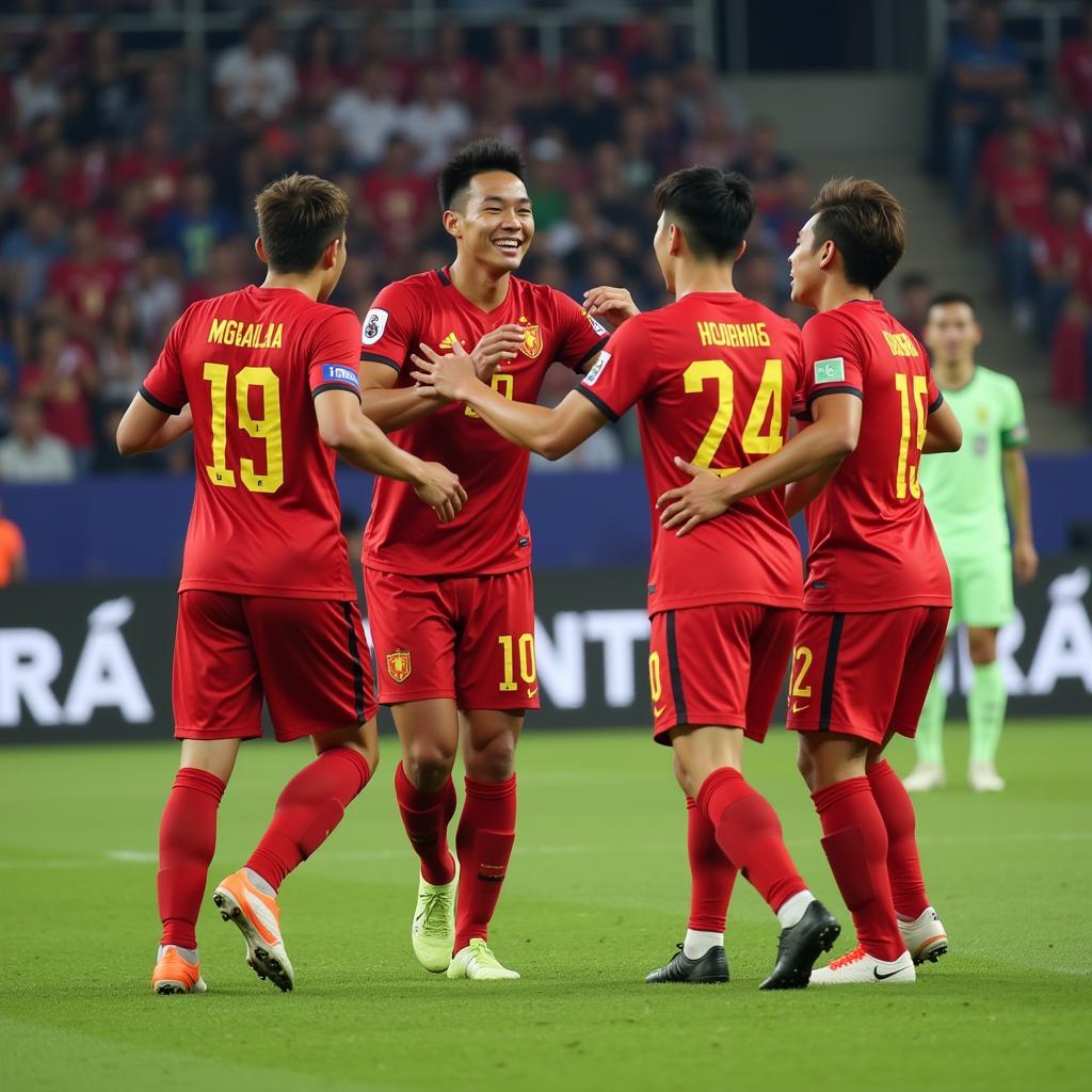 Huynh Nghia Dat celebrating a goal with his teammates.