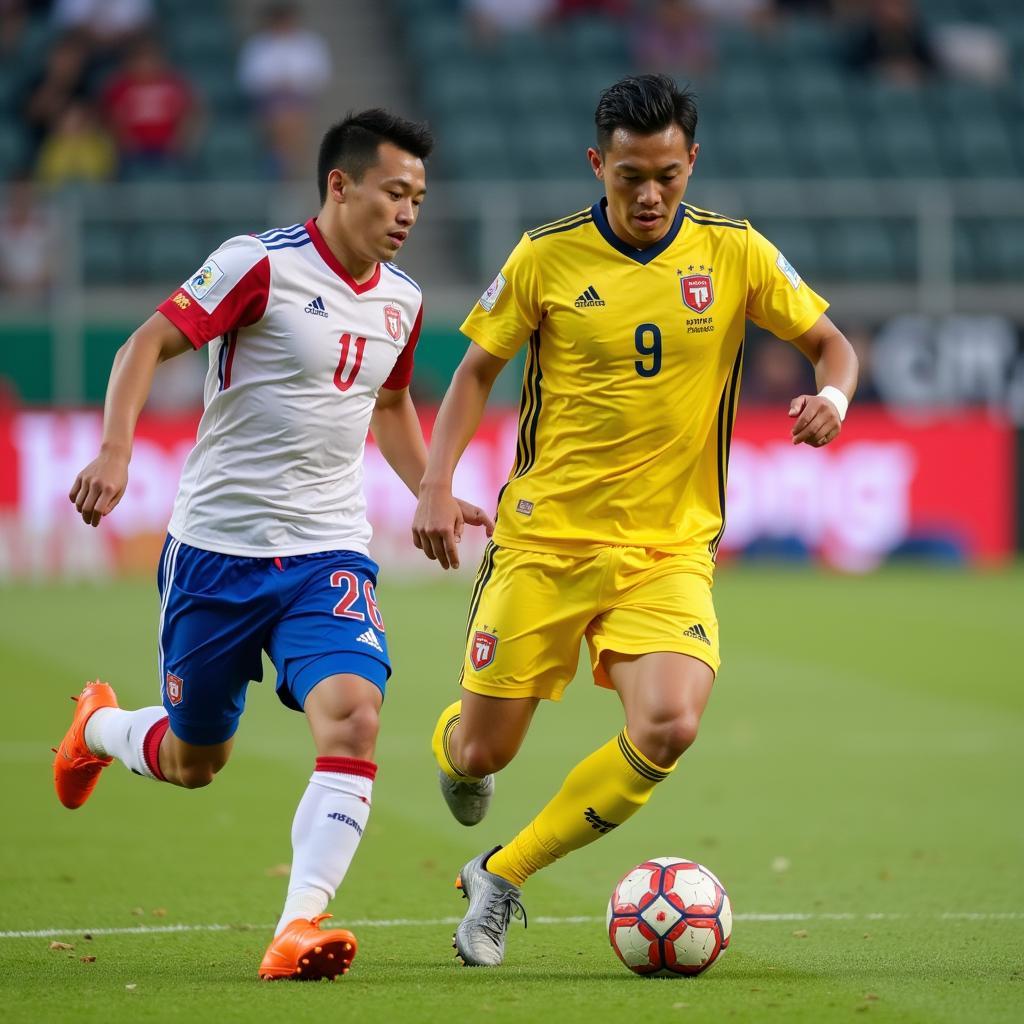 Huynh Nghia Dat dribbling the ball during a football match.