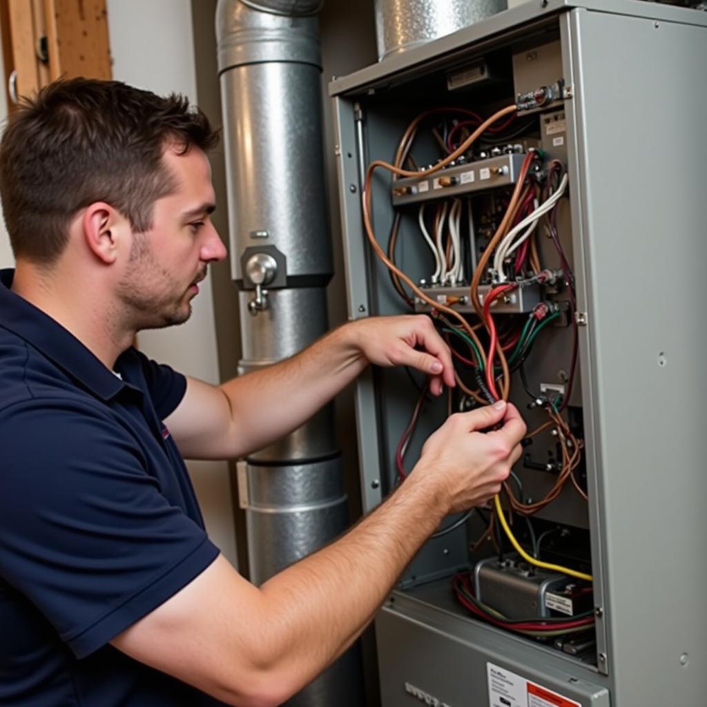 HVAC Technician Repairing Furnace Wiring After Tripped Breaker