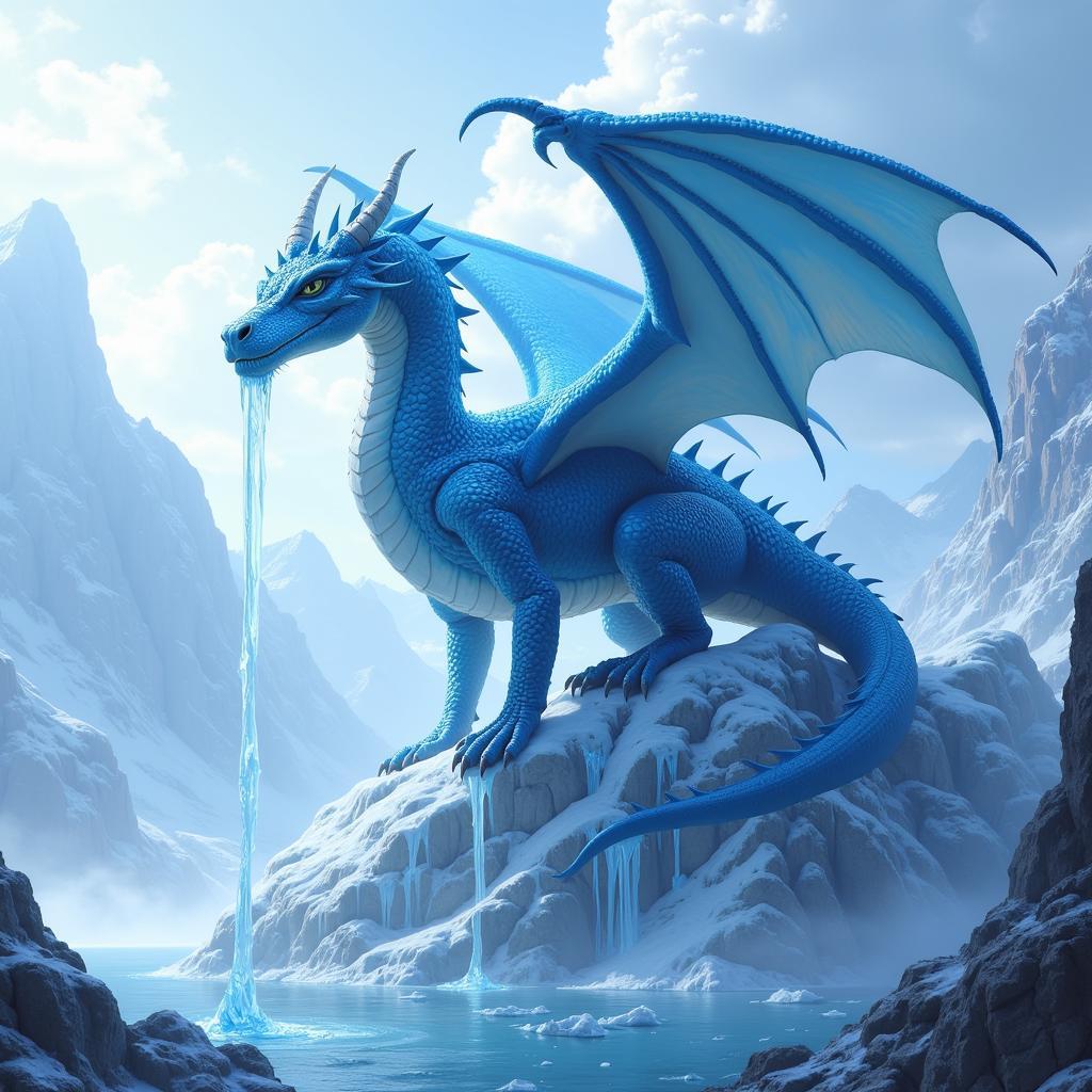 An ice dragon perched atop a glacial peak, overlooking a desolate frozen landscape.