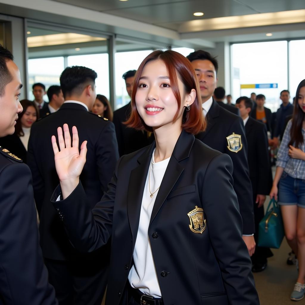 Idol waving at fans at the airport