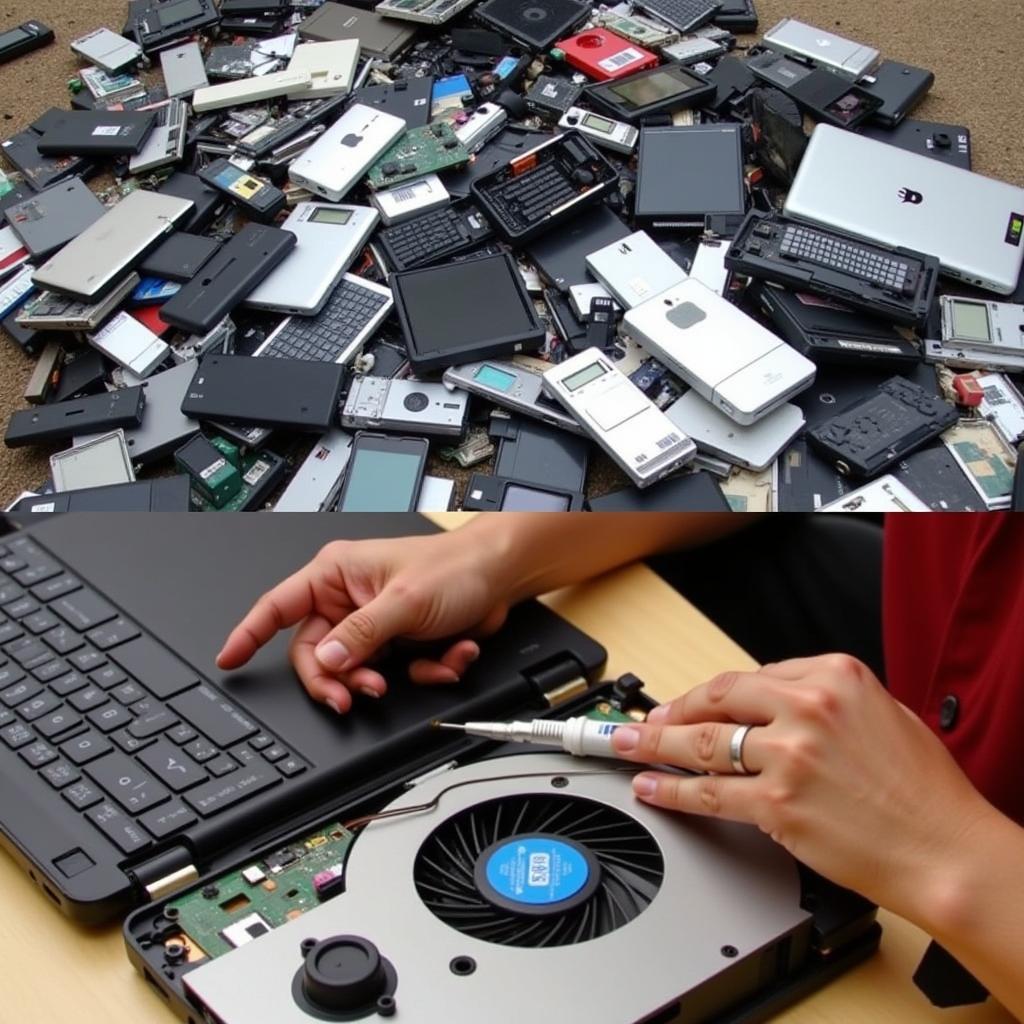 iFixit Fans and Sustainability - A pile of discarded electronics contrasted with a person repairing a laptop using iFixit tools and a new fan.