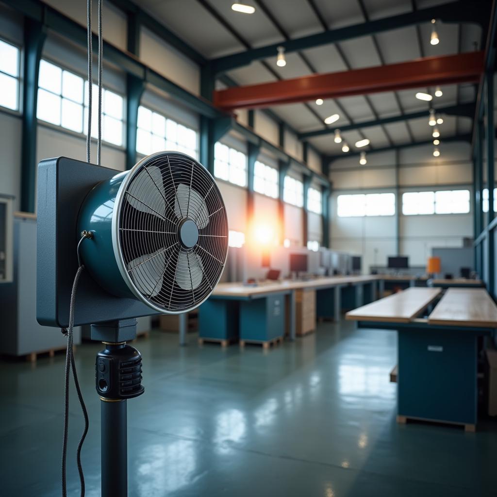 Industrial wall fan cooling down a factory setting