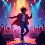 Dynamic artwork of L performing on stage.