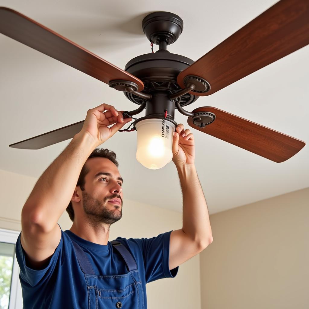 Electrician Installing a 48 Inch Ceiling Fan with Light