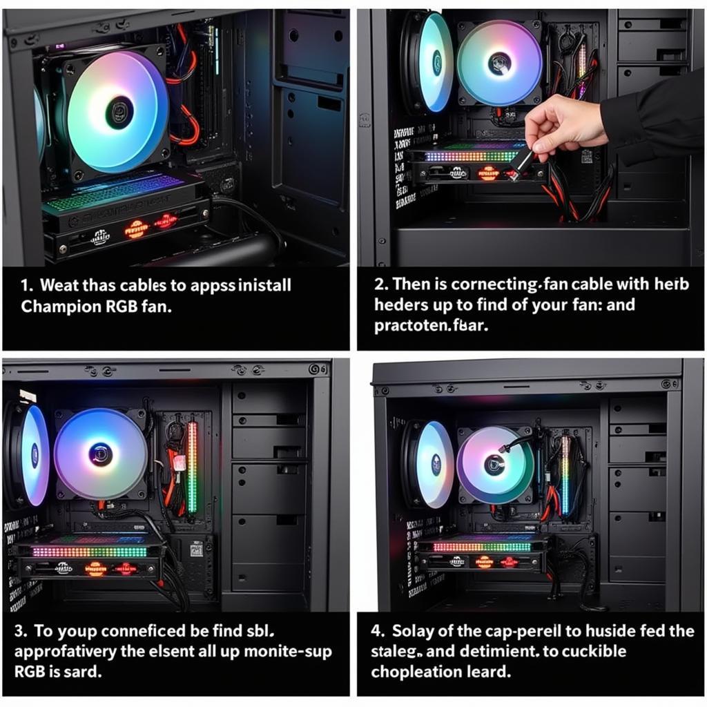 Installing Champion RGB fans in a PC case. The image showcases the process of connecting the fan cables to the motherboard headers.