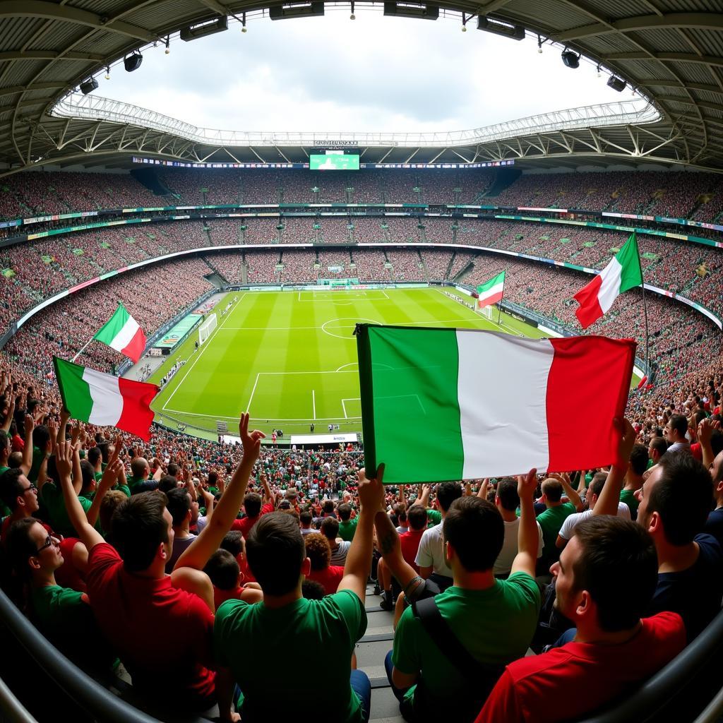 Italian fans waving flags in a packed stadium