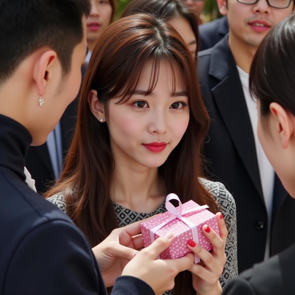 IU receives gifts from fans at a fansign event