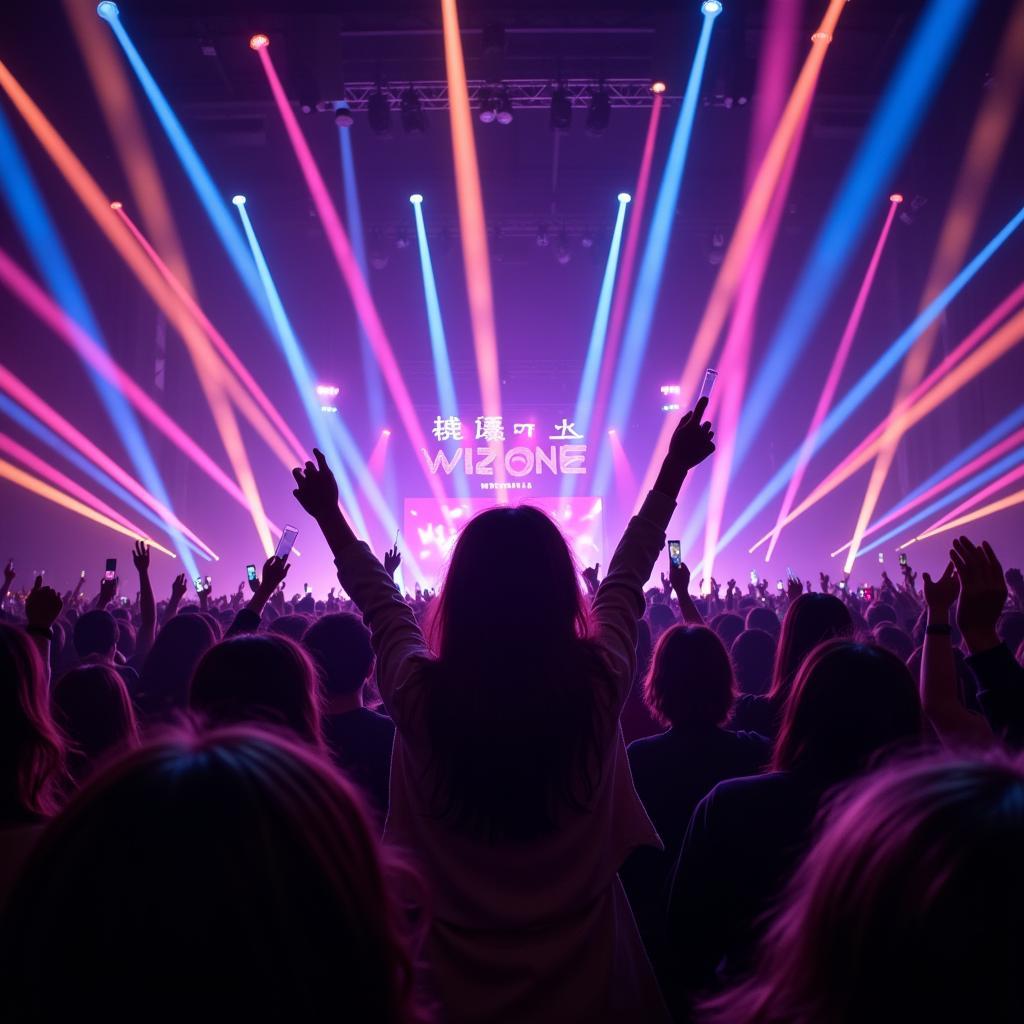 Fans waving lightsticks and cheering at an IZONE fan meeting