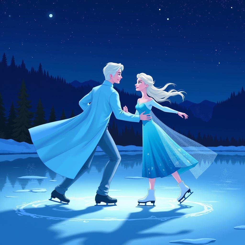 Jack Frost and Elsa Ice Skating on a Frozen Lake