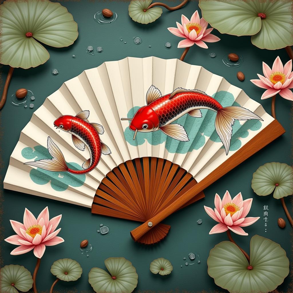 Japanese Fan with Floral Koi Fish Motif