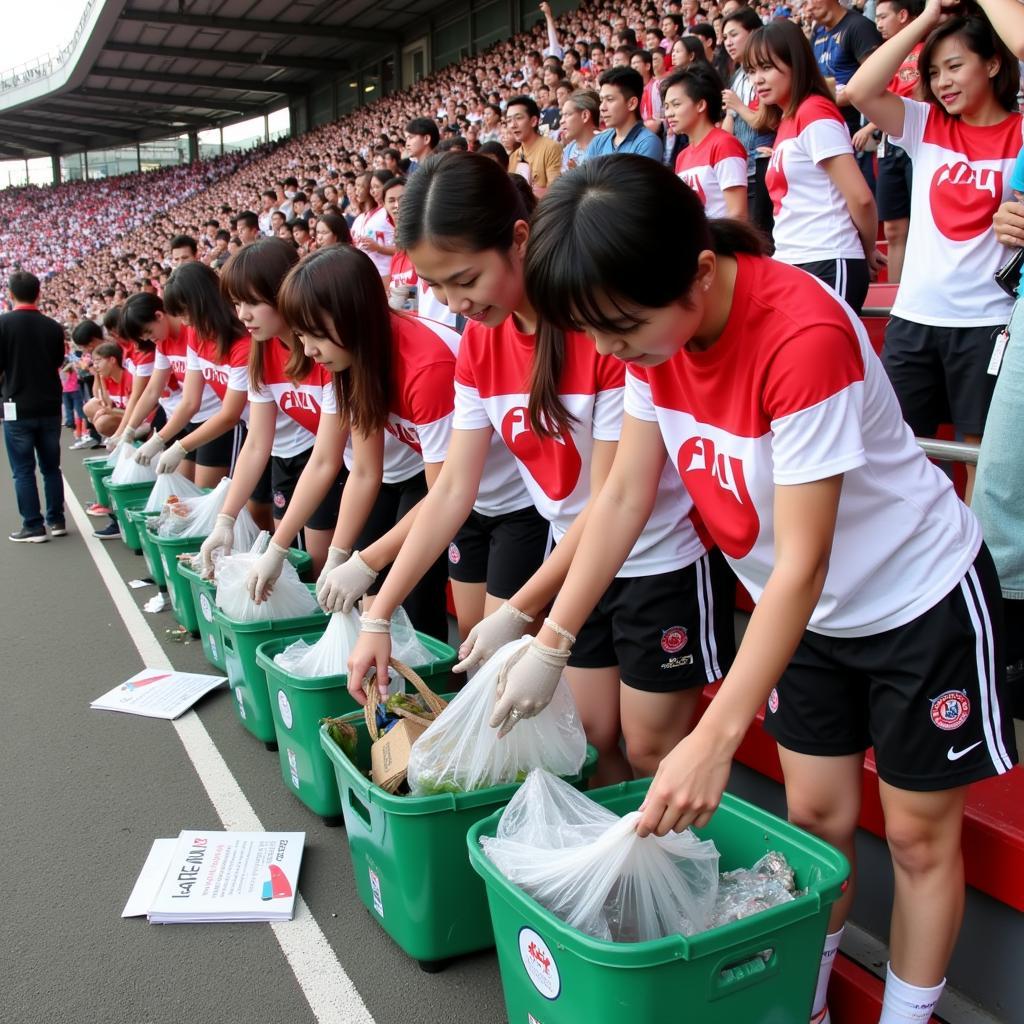 Japanese fans diligently cleaning up the stadium after a football match, demonstrating their commitment to sportsmanship and respect.