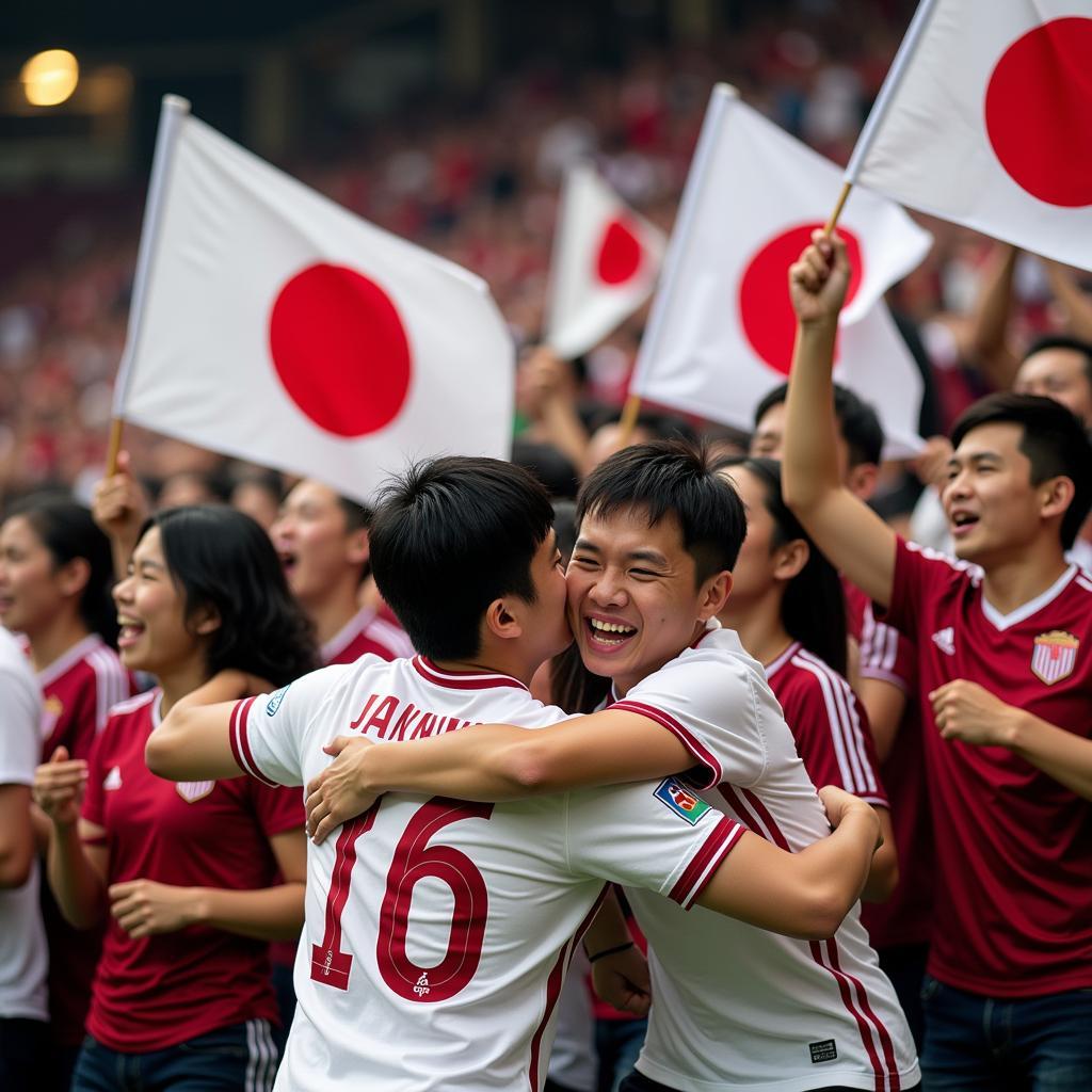 Japanese football fans joyfully celebrating a victory, showcasing their passion and enthusiasm.