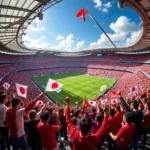 Japanese football fans passionately cheering in a packed stadium