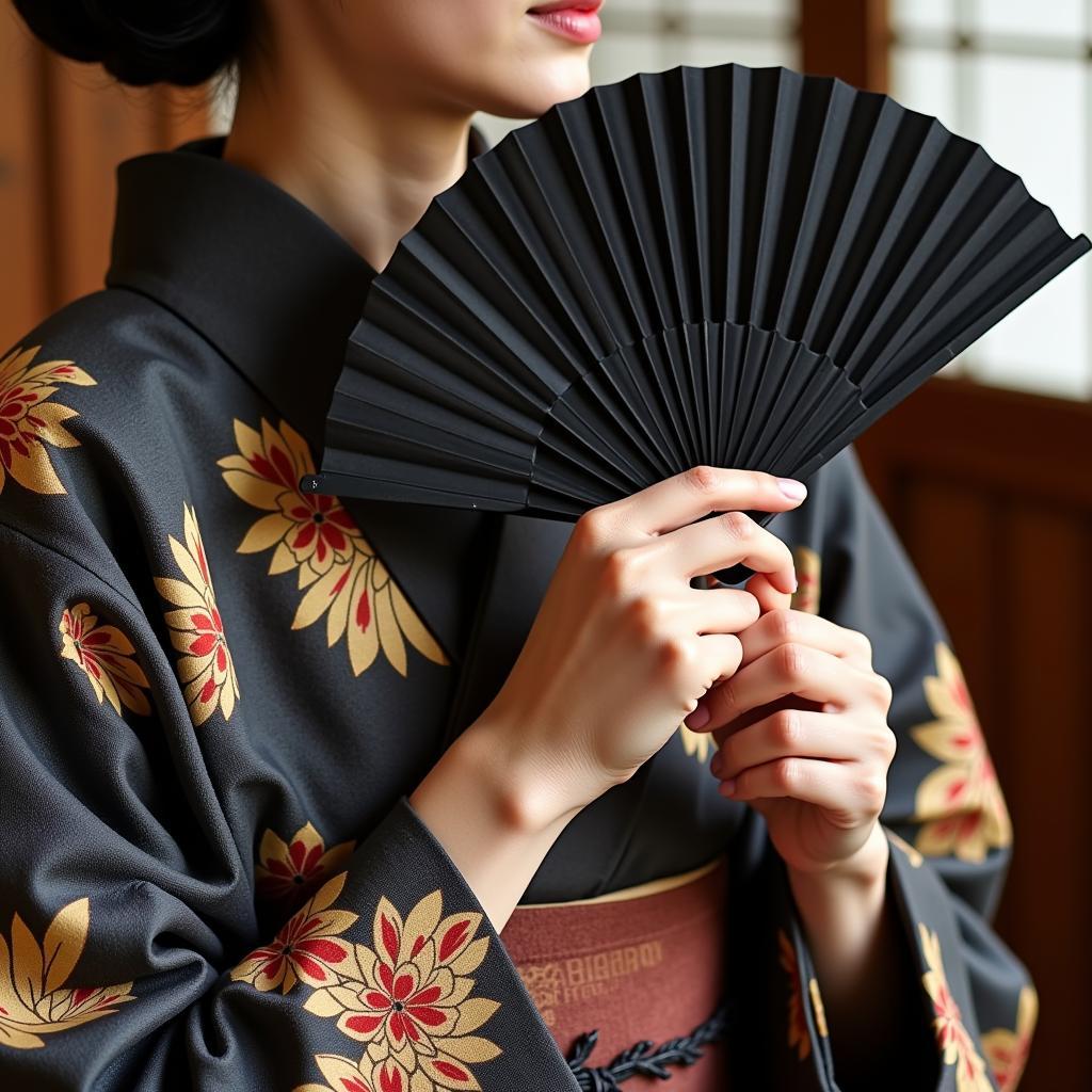 Japanese lady using a black silk fan while wearing a kimono.