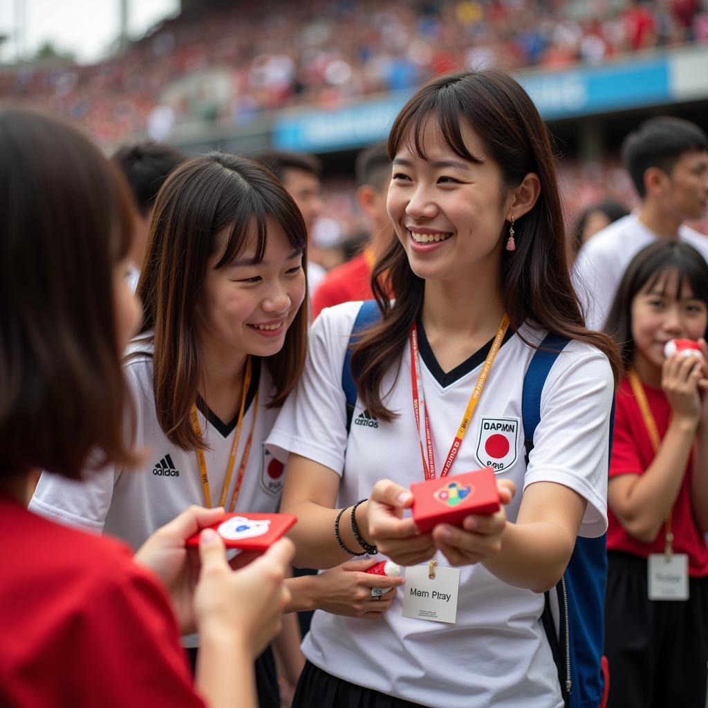 Japanese and international fans interacting positively at the World Cup