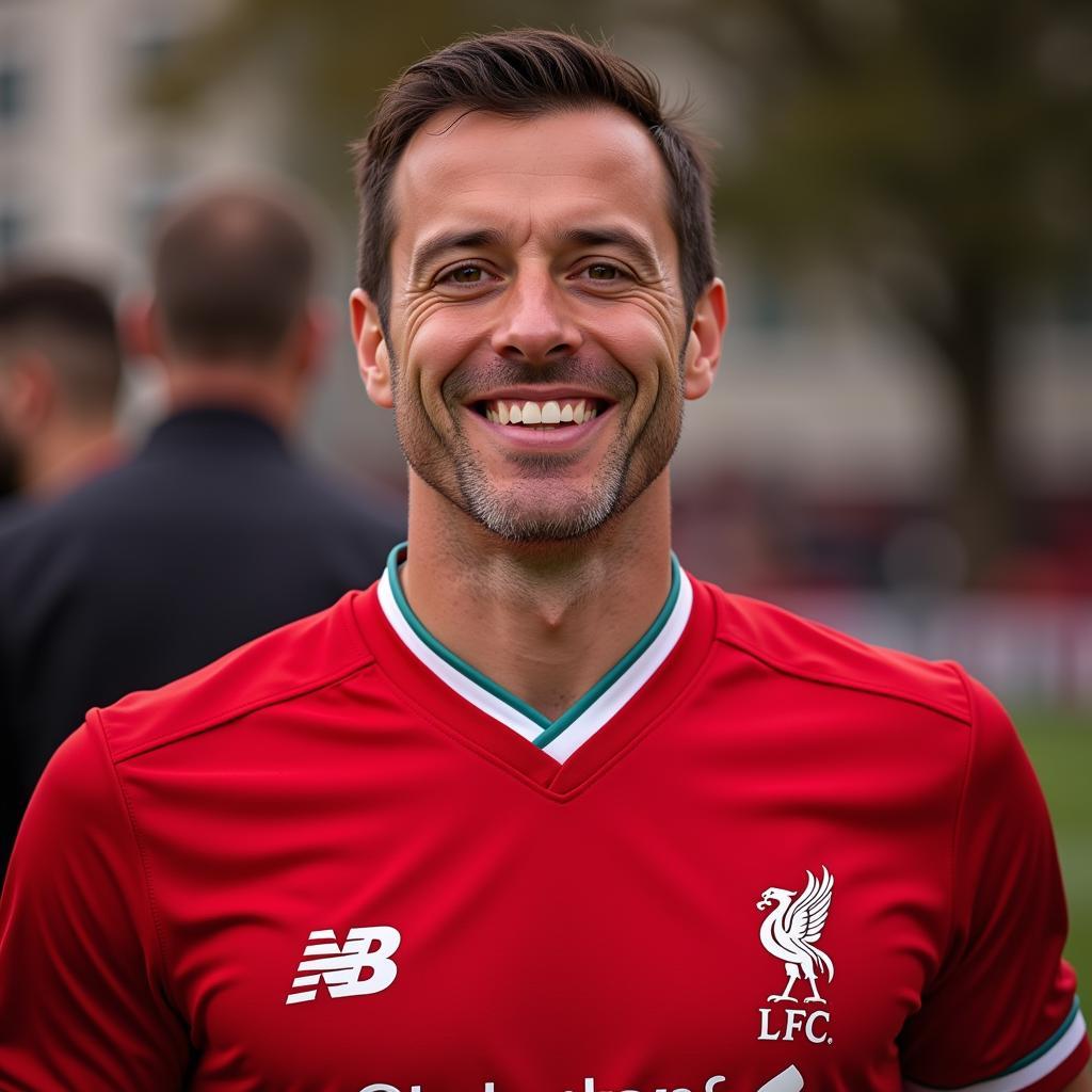 John Oliver wearing a Liverpool jersey