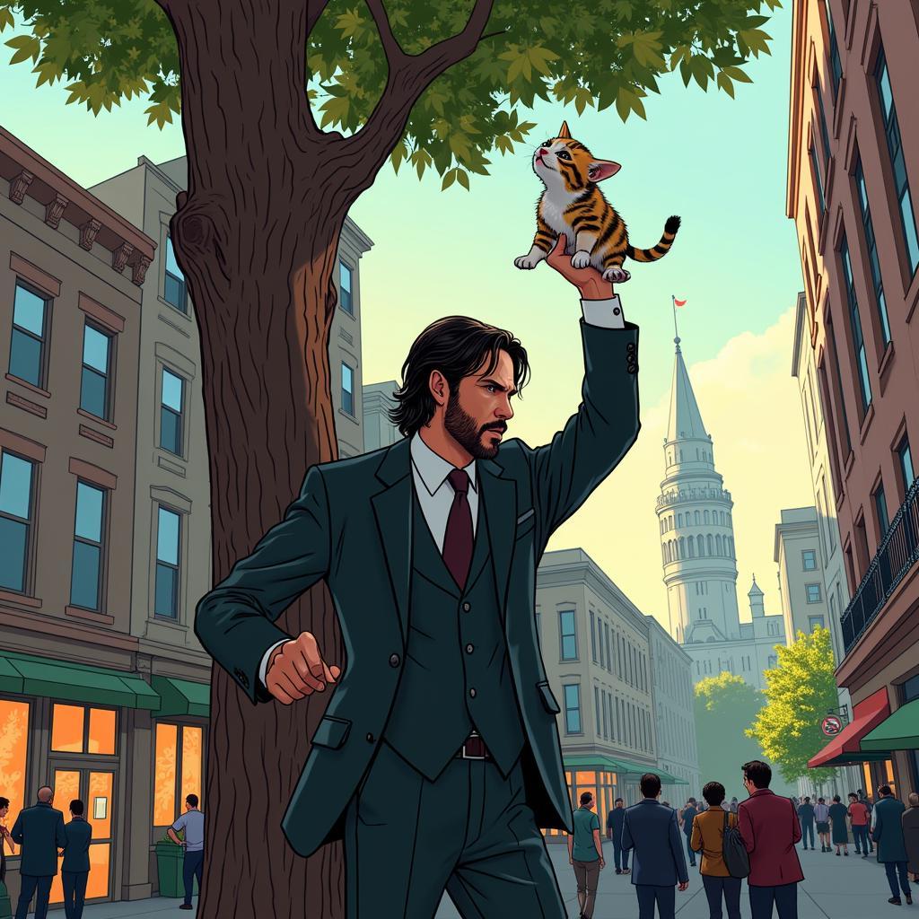 John Wick Rescuing a Kitten from a Tree Fan Art