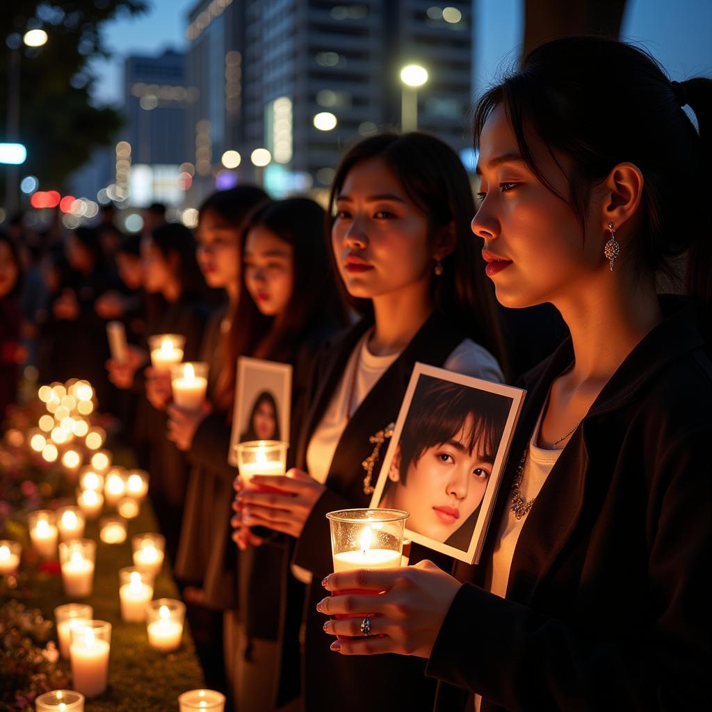 Fans gathering for a memorial for Jonghyun