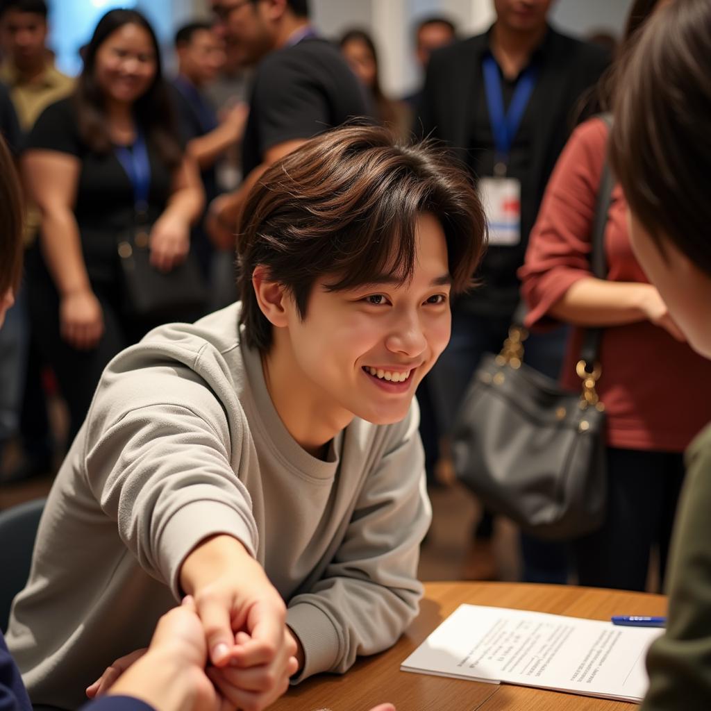 Jungkook holding hands with a fan during a fansign event.