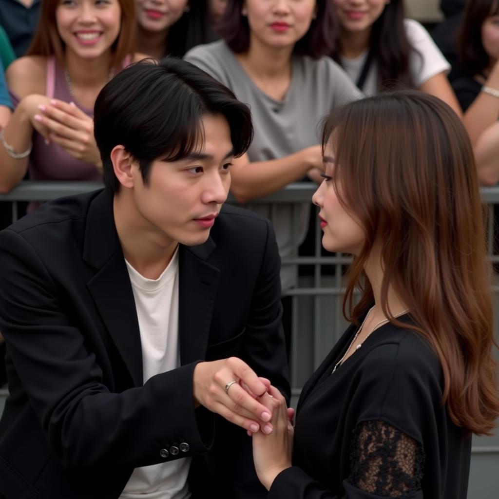 Jungkook listens attentively to a fan at a signing event.