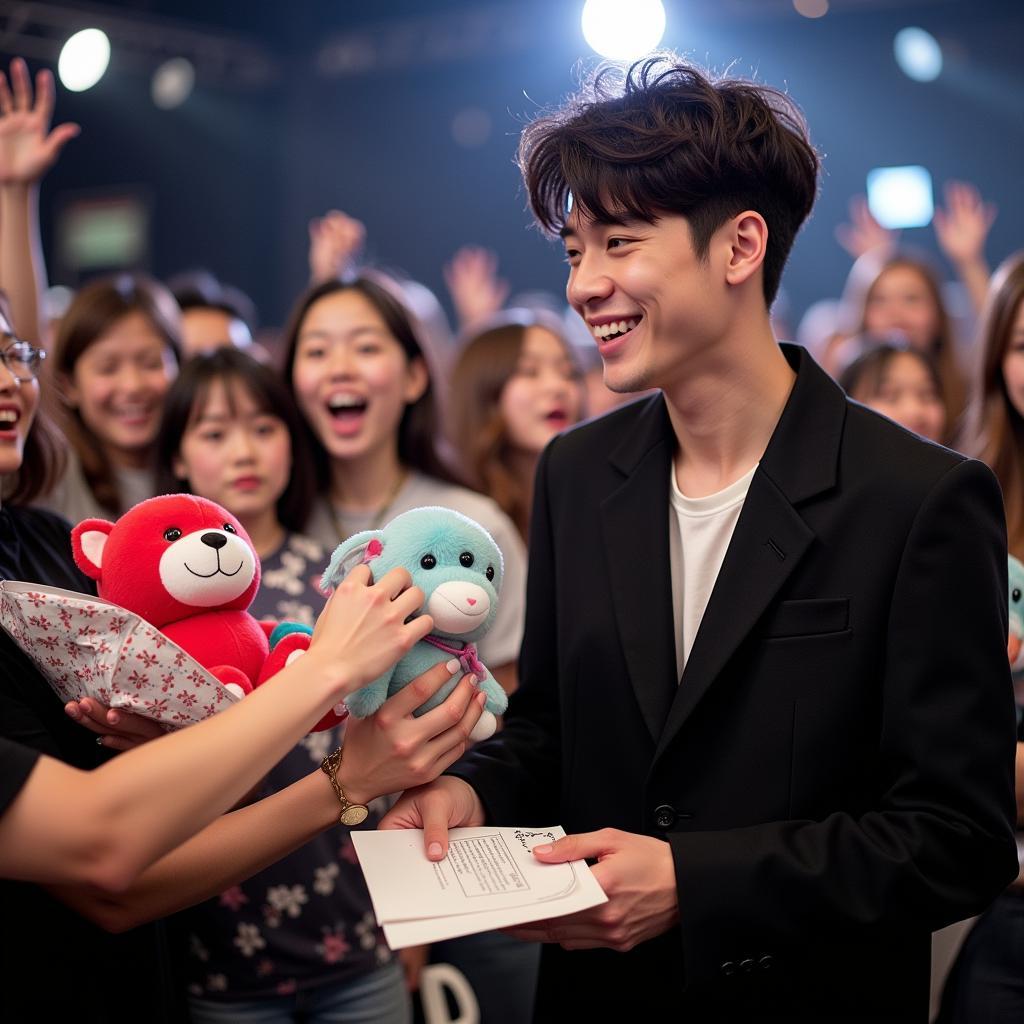 Jungkook receiving fan gifts from his adoring fans