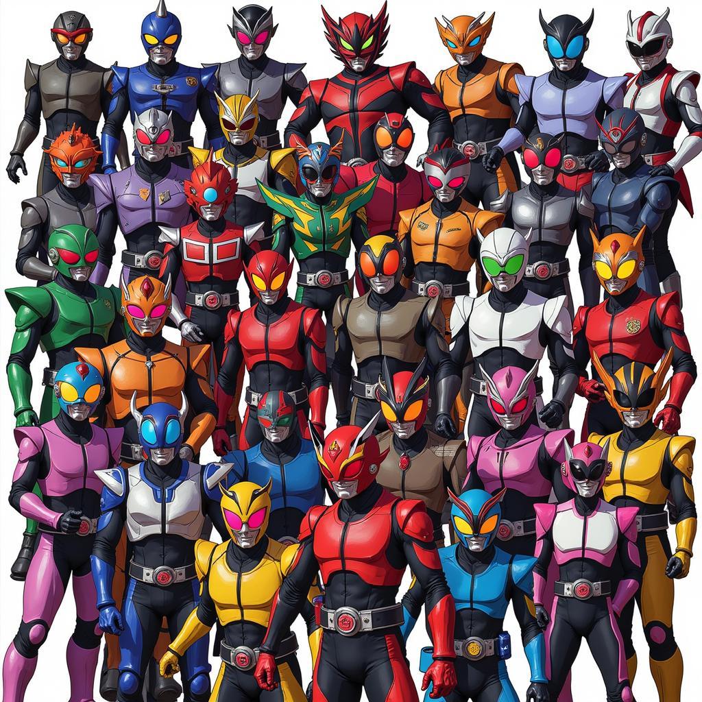 A diverse collection of Kamen Rider fan art, showcasing different styles and characters.