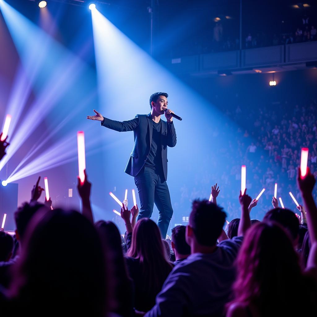 Kang Daniel performing with energy on stage during a concert for a large audience of fans.