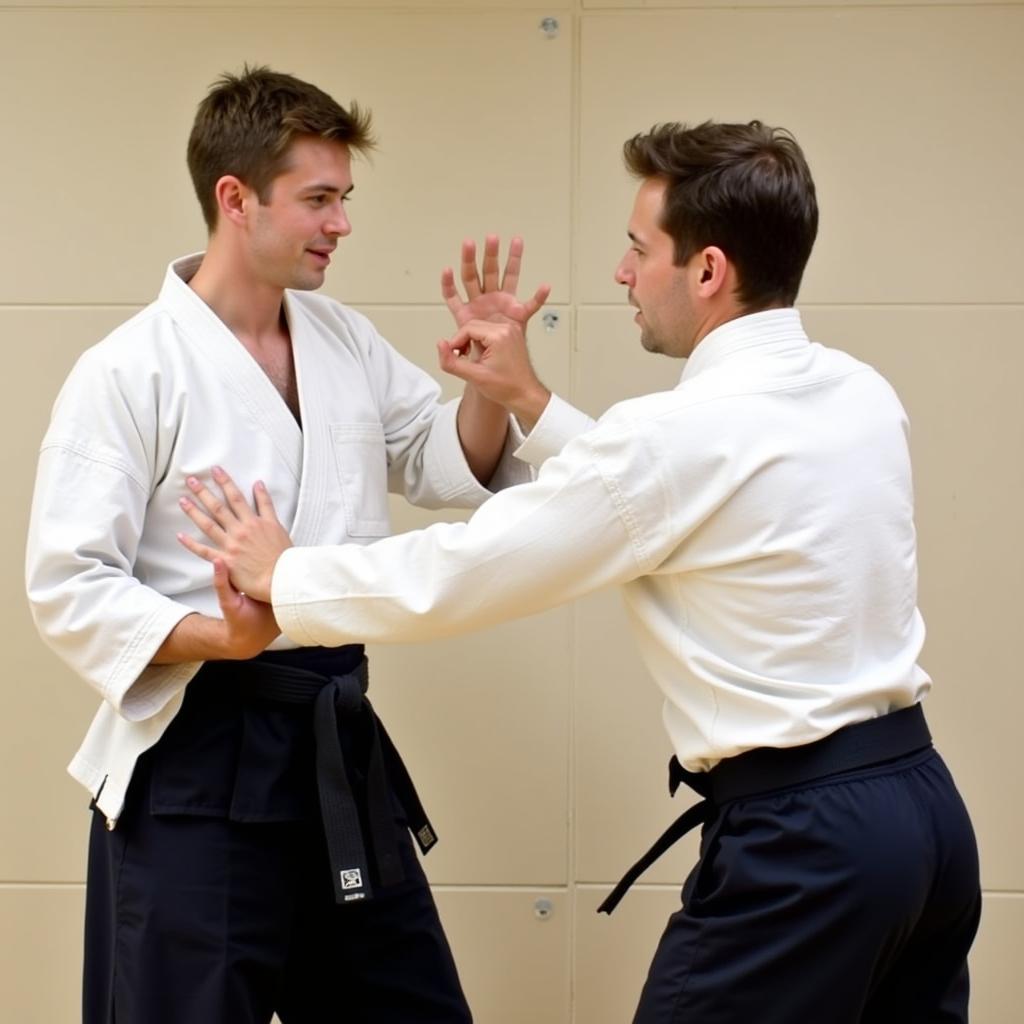 Two Aikido practitioners performing karato fanning drills