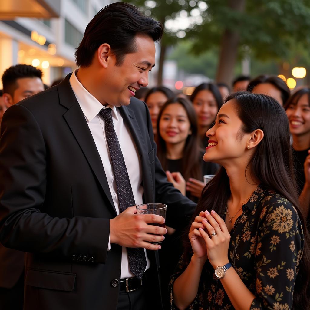 Karry Wang at a Fan Meeting: A photo of Karry Wang interacting with his fans at a fan meeting, smiling and shaking hands.