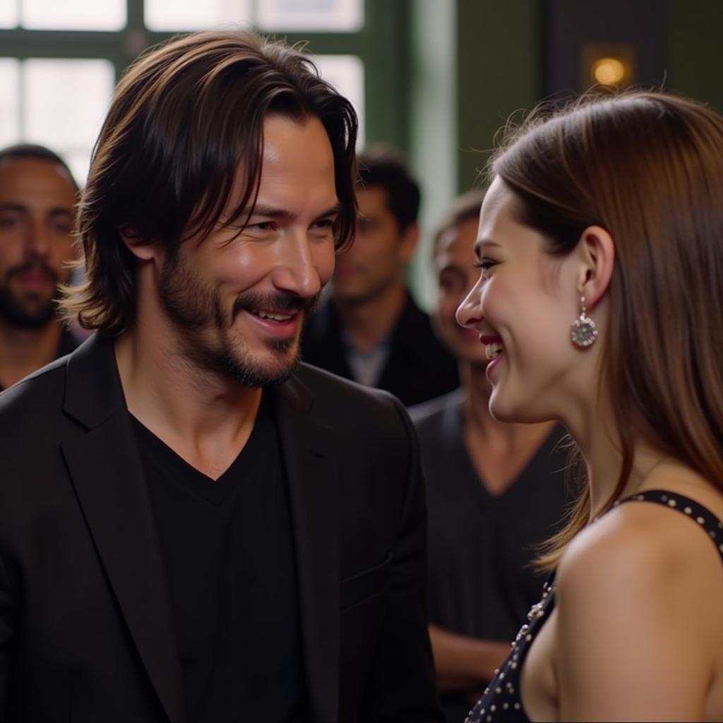 Keanu Reeves interacting politely with a female fan