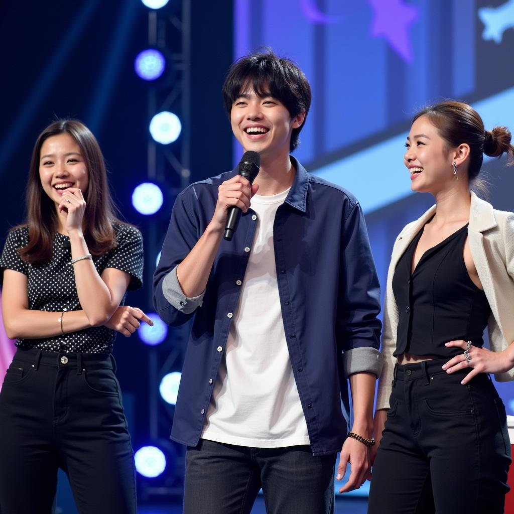 Kim Heechul interacting playfully with fans during a game at his Taipei fan meeting.