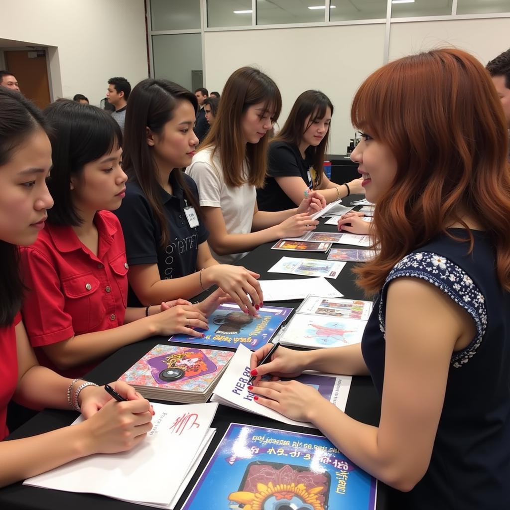 Kirara Asuka signing autographs for fans at a meet-and-greet.