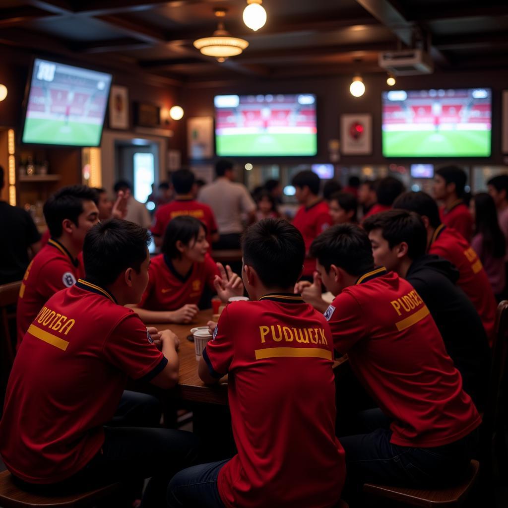 Korean Manchester United Fans Watching a Match in a Pub