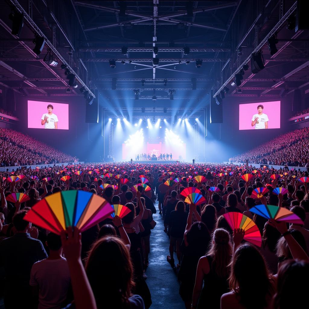 Kpop fans using hand fans at a concert