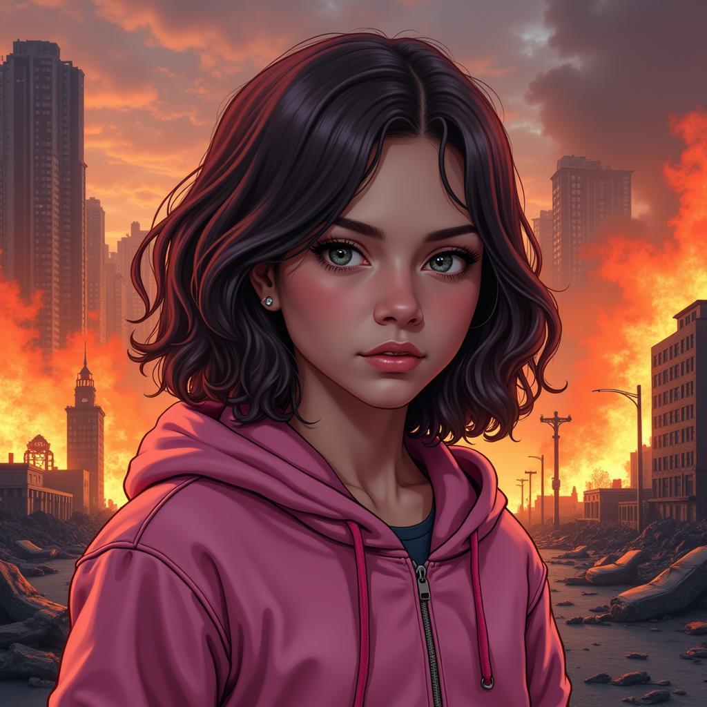 L4D Zoey portrait fan art: A close-up portrait of Zoey, highlighting her determined expression and signature pink hoodie against a backdrop of a burning city.