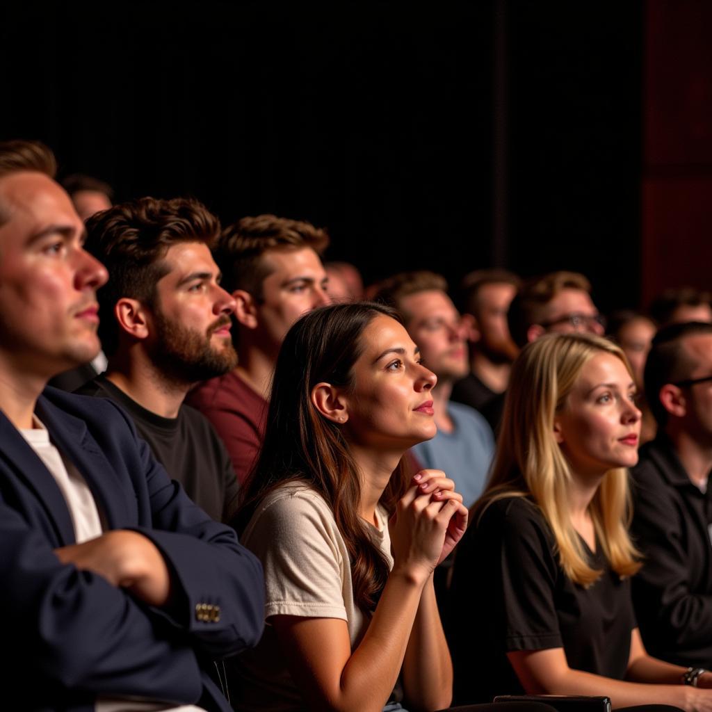 A diverse modern audience watching a performance of Lady Windermere's Fan, demonstrating the play's continued relevance and appeal.