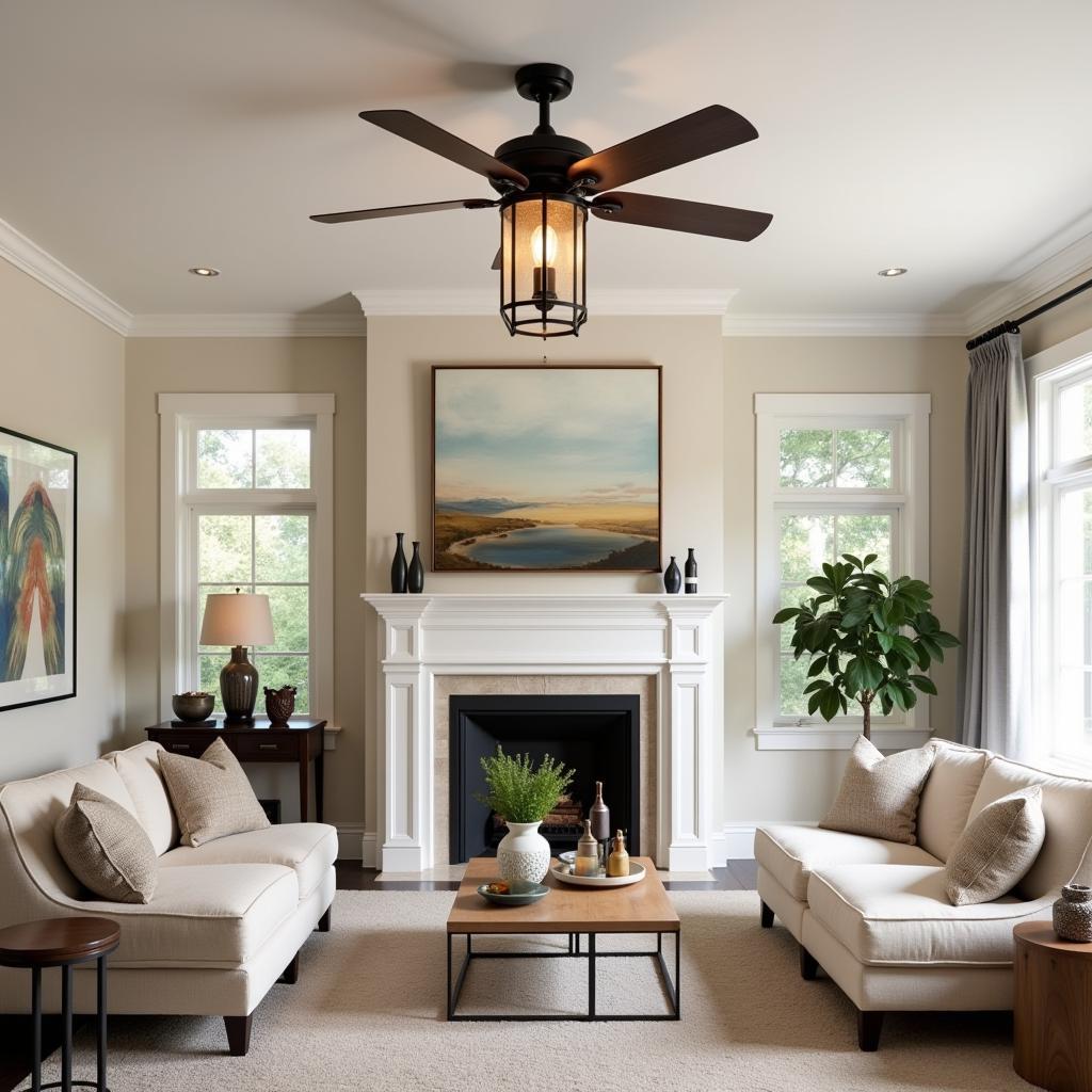 Lantern Style Ceiling Fan Enhancing a Living Room