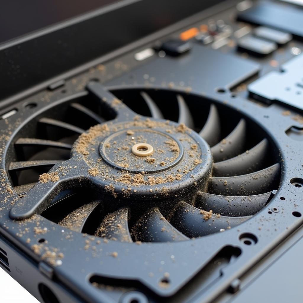 Laptop fan covered in dust, causing reduced airflow and potential noise drop