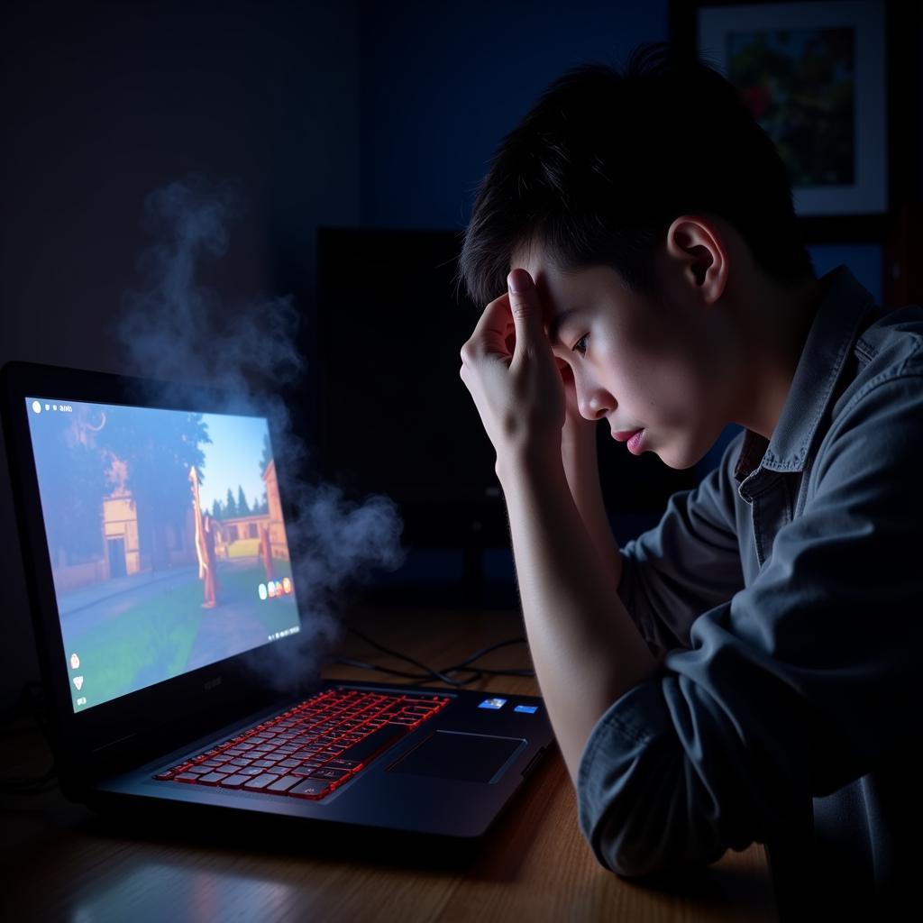 Gamer struggling with an overheating laptop during an intense gaming session