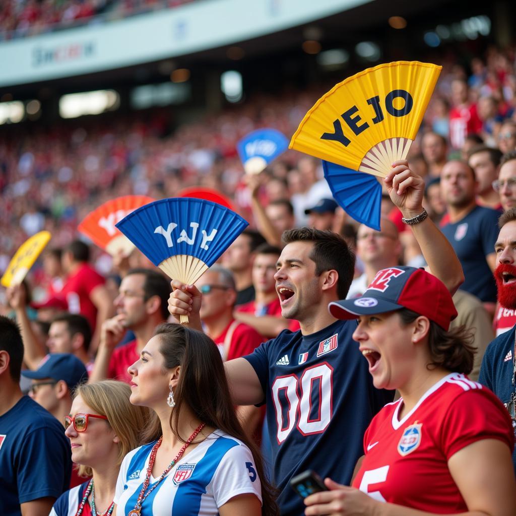 Fans Cooling Off in a Football Stadium with Large Hand Fans