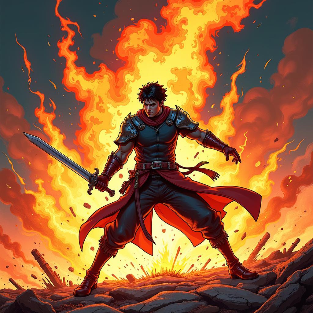 Action-Packed Lezhin Fan Wallpaper: A character wields a sword amidst a fiery battle.