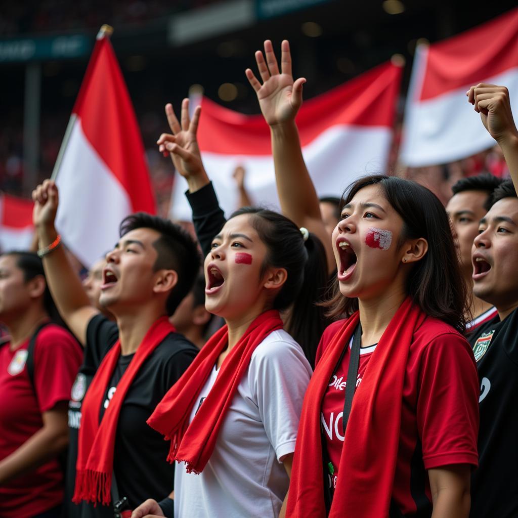 Liga 1 Indonesia fans enthusiastically chanting and waving flags